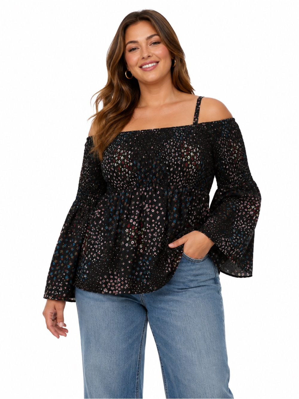 Torrid Cold Shoulder Smocked Black Floral Blouse Size 3